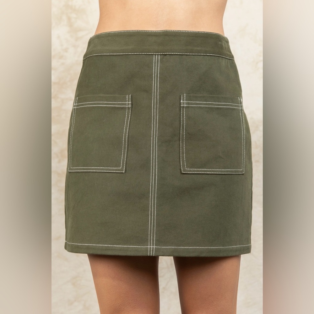 Contrast Color Stitch Mini Skirt Olive